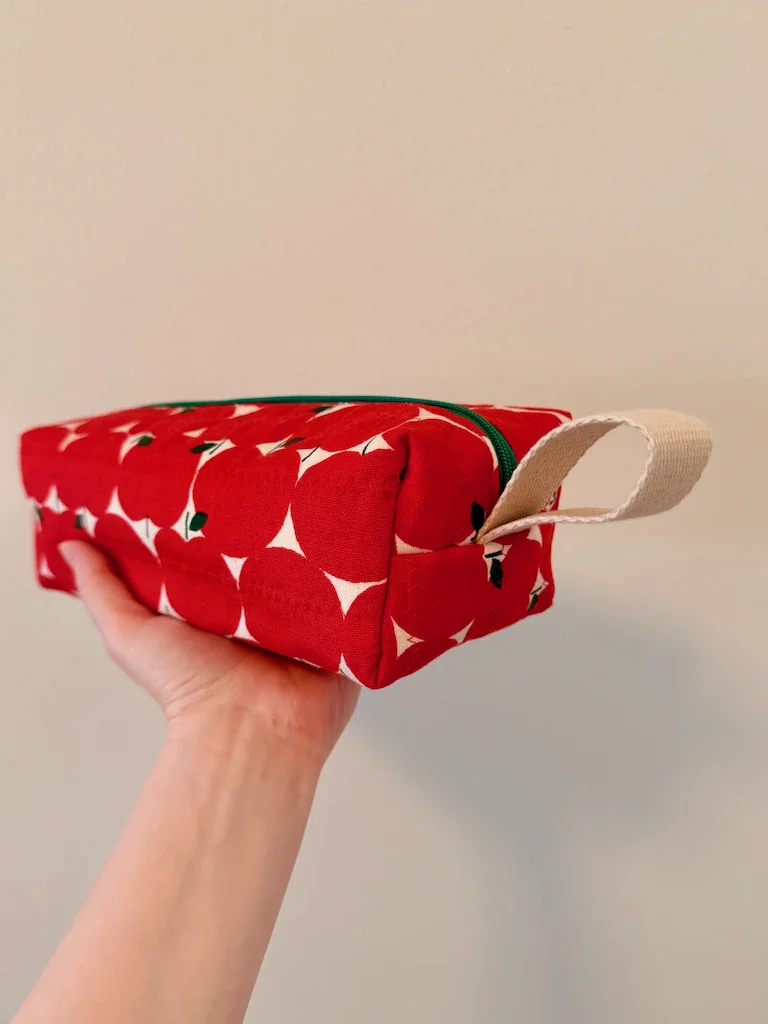Me holding the apple pouch at an angle so that the handle faces the camera
