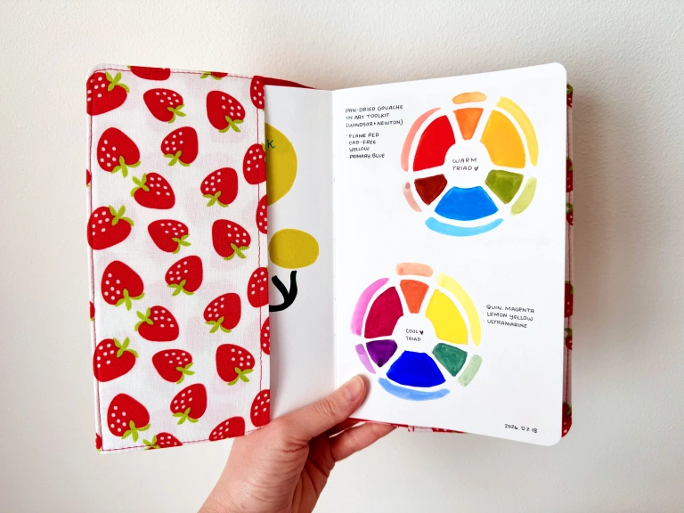 The inside cover of the sketchbook. The flap (also with strawberry fabric) covers 2/3 of the inside cover, and the facing page has gouache color wheels on it.