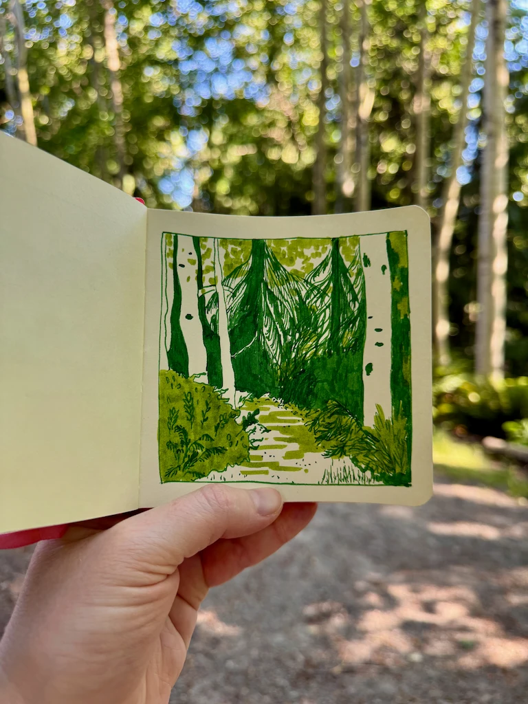 A small square sketchbook with a drawing of a tree-lined path in vibrant greens. There’s a cool, fairly dark green for the lines and shadows and a warm green for the mid tones.