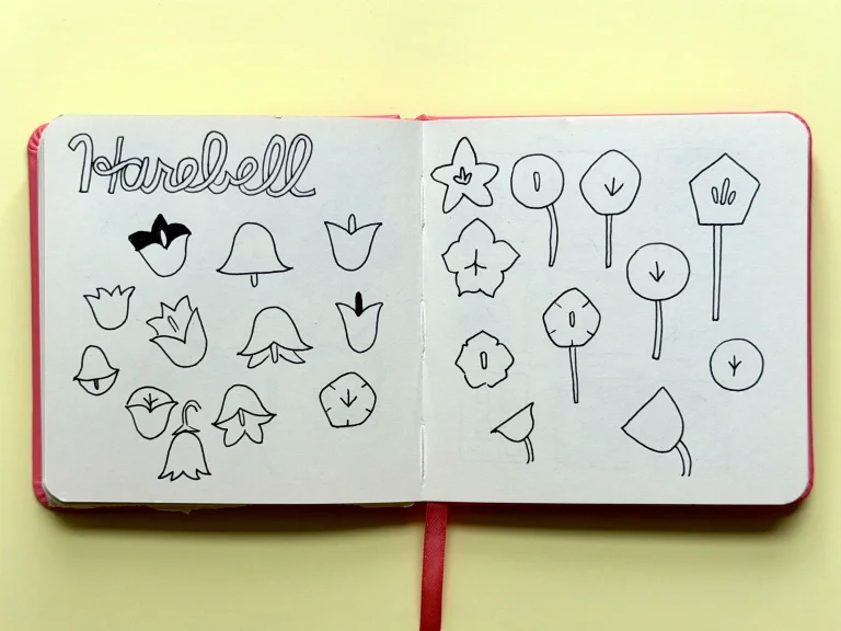 Page 1 of me abstracting the harebell flower into different shapes, such as bells and pentagons