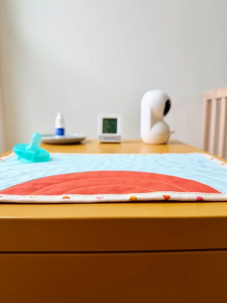 The nightstand from a sideways angle. There's a pacifier on the mug rug.