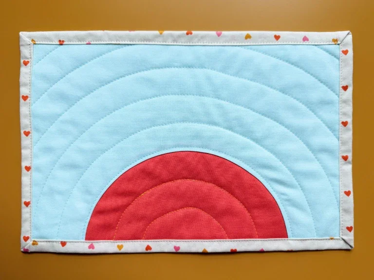 A mug rug lying on a mustard yellow surface. The background is pale blue and there's an orange half-circle, such that design looks like a rising sun. The quilting pattern is in curves following the half-circle. The binding is a creme fabric with orange, yellow, and pink hearts.