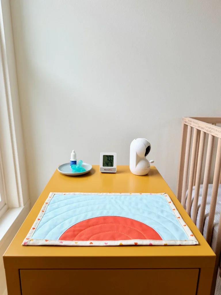 A corner of a baby's room, featuring a window, a wooden crib, and a mustard-yellow locker nightstand. On the nightstand is a large mug rug in pale blue and vibrant orange.