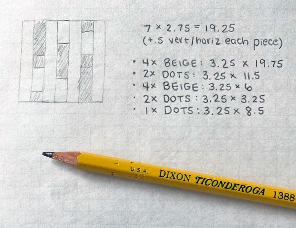 A diagram of the pillowcase strips design penciled out on graphic paper. Specific measurements are listed next to each strip in the design.