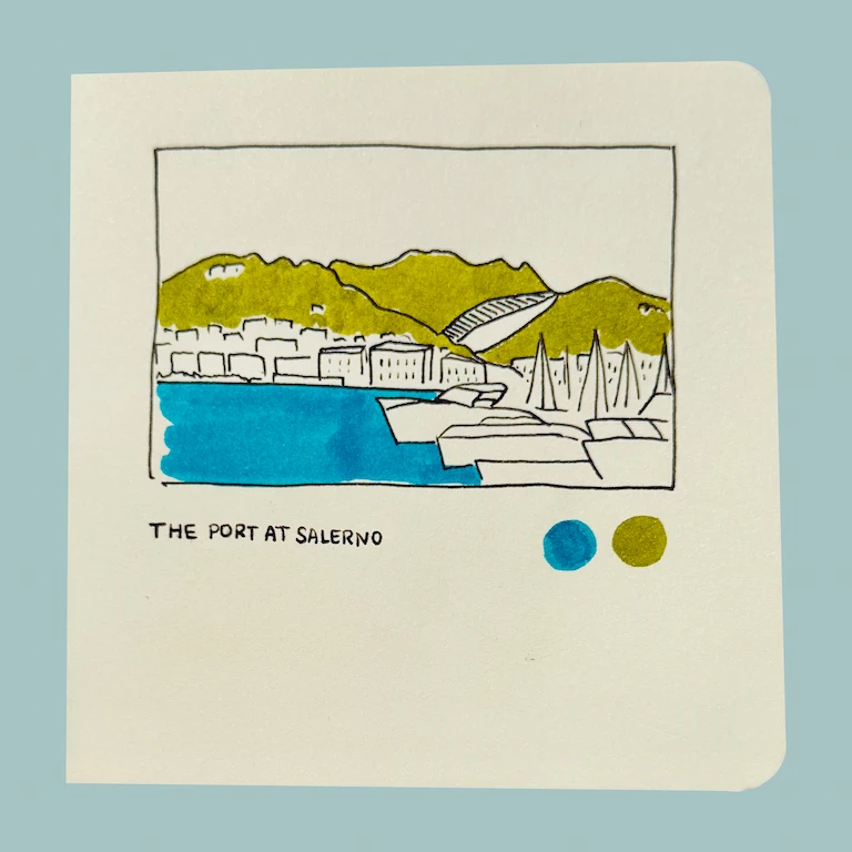 A liine drawing of the Port of Salerno, with some added color from olive green and bright turquoise markers