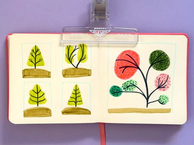 Geometric drawings of simple, bendy trees done in various bright water-based marker colors. The trunks and branches of the trees are done in a Payne's Grey colored pencil