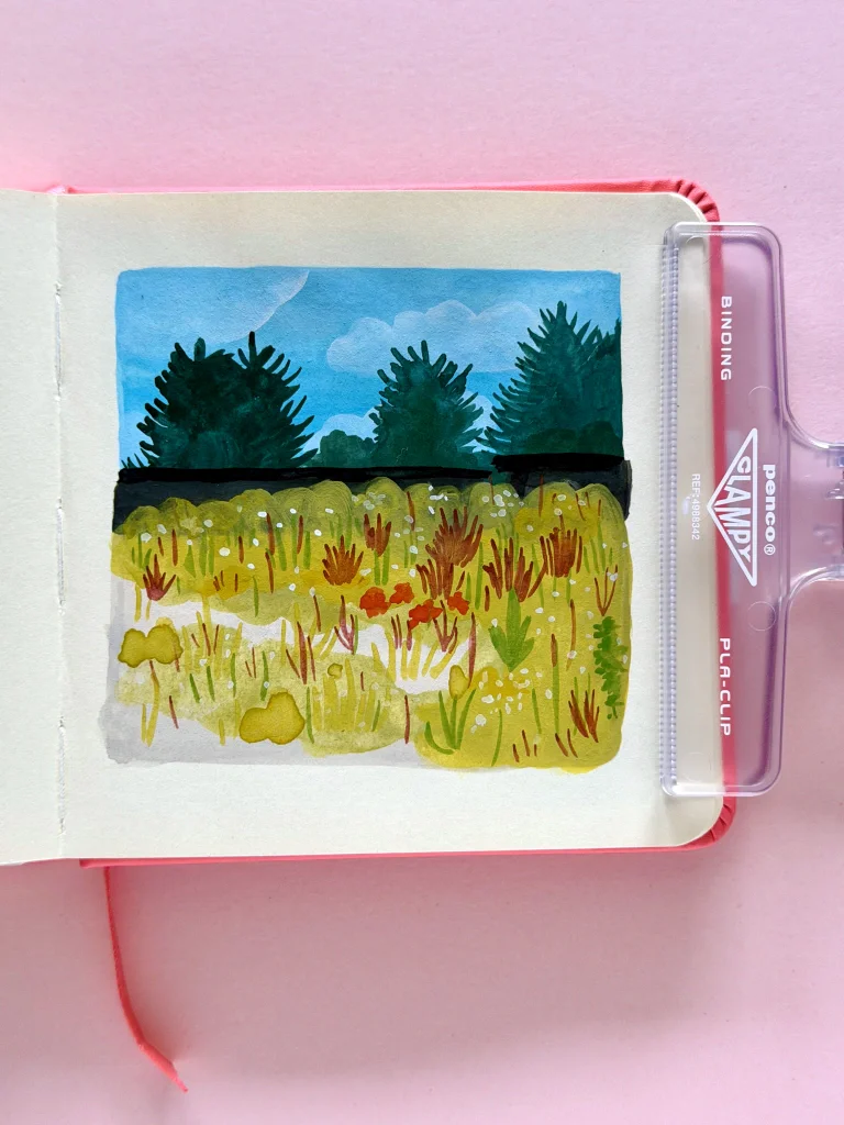 A small gouache scene with a blue, cloudy sky, dark green conifers, and nondescript buildings behind an abandoned lot. The lot is completely full of weeds in green and burgundy, with pops of white and orange. The mark making is loose and gestural.