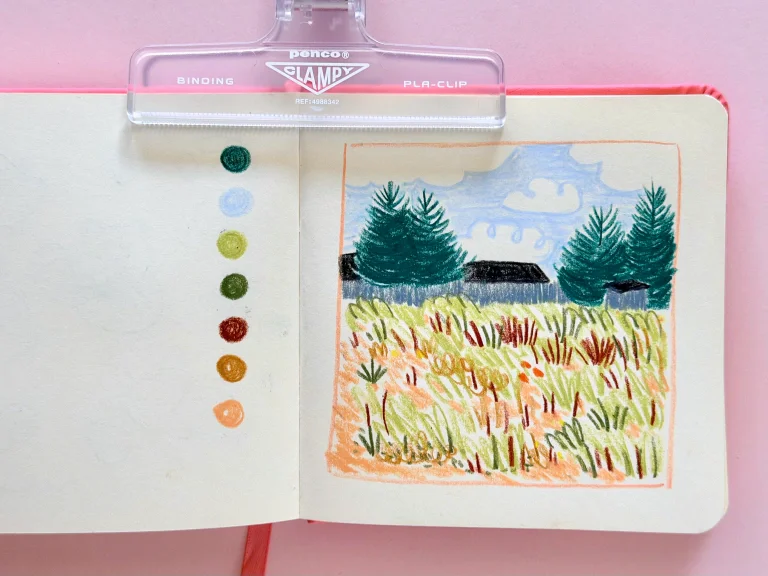 The same scene but drawn with Neocolor II pastels. This iteration shows more individual mark-making in crayon-like textures.