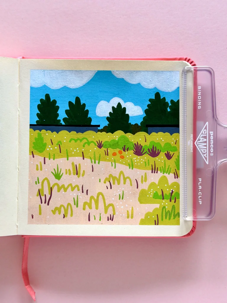 The same scene but drawn with acrylic markers. Colors are more vibrant, and shapes are more geometric and playful